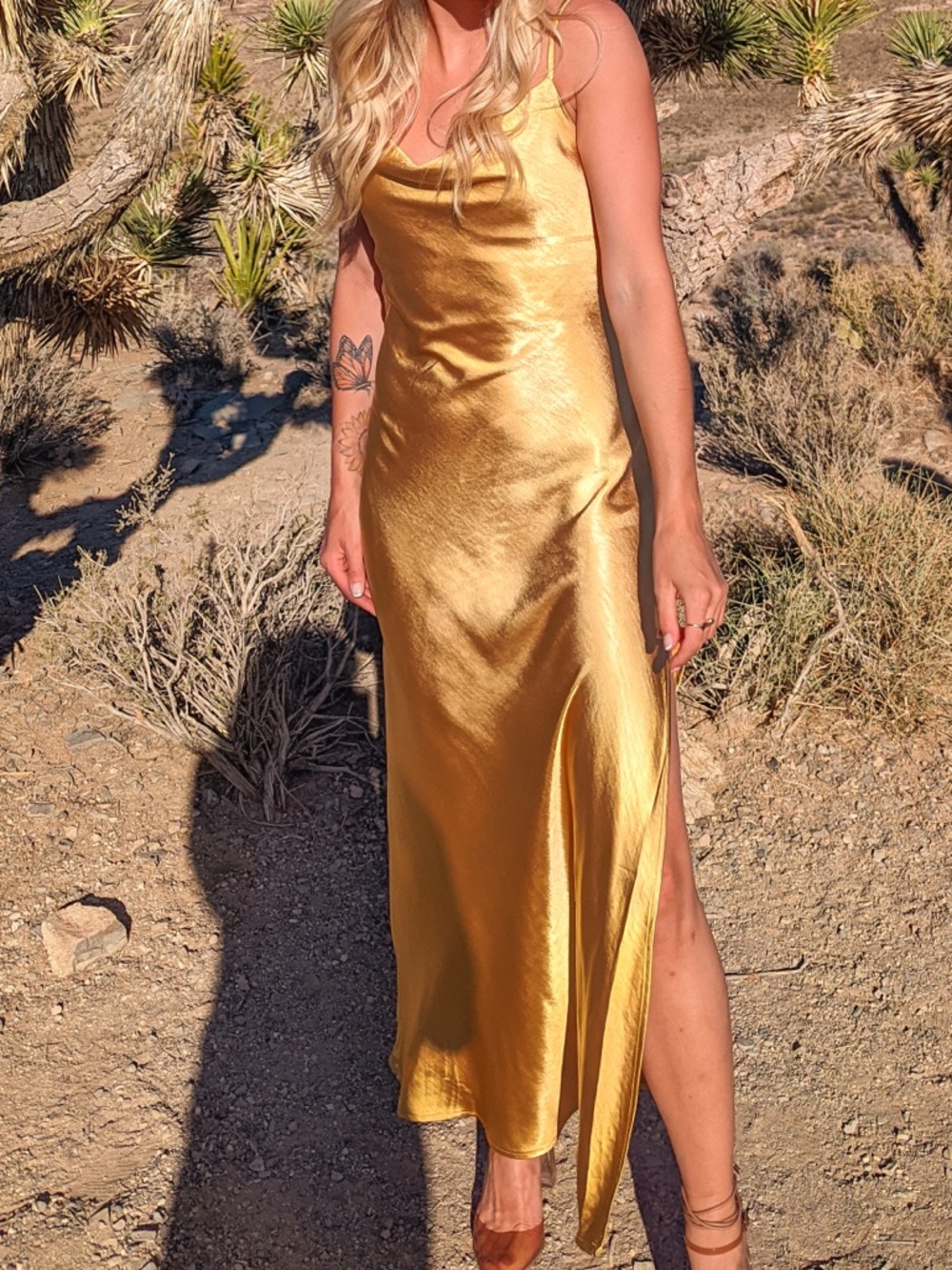 12th Tribe Gold Slip Maxi Dress with Cowl Neckline